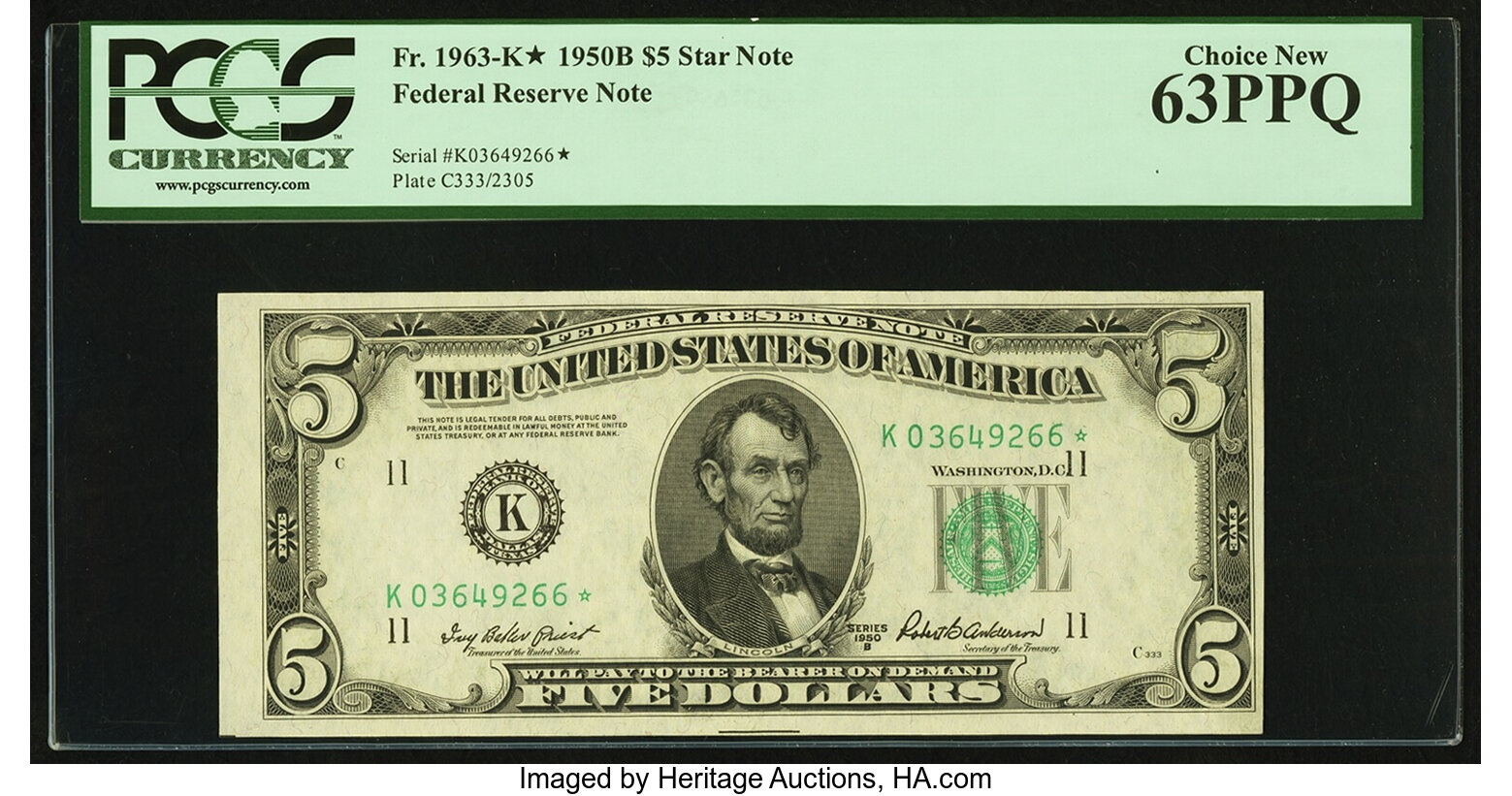 image for: Fr. 1963-K* $5 1950B Federal Reserve Note. PCGS Choice New 63PPQ....