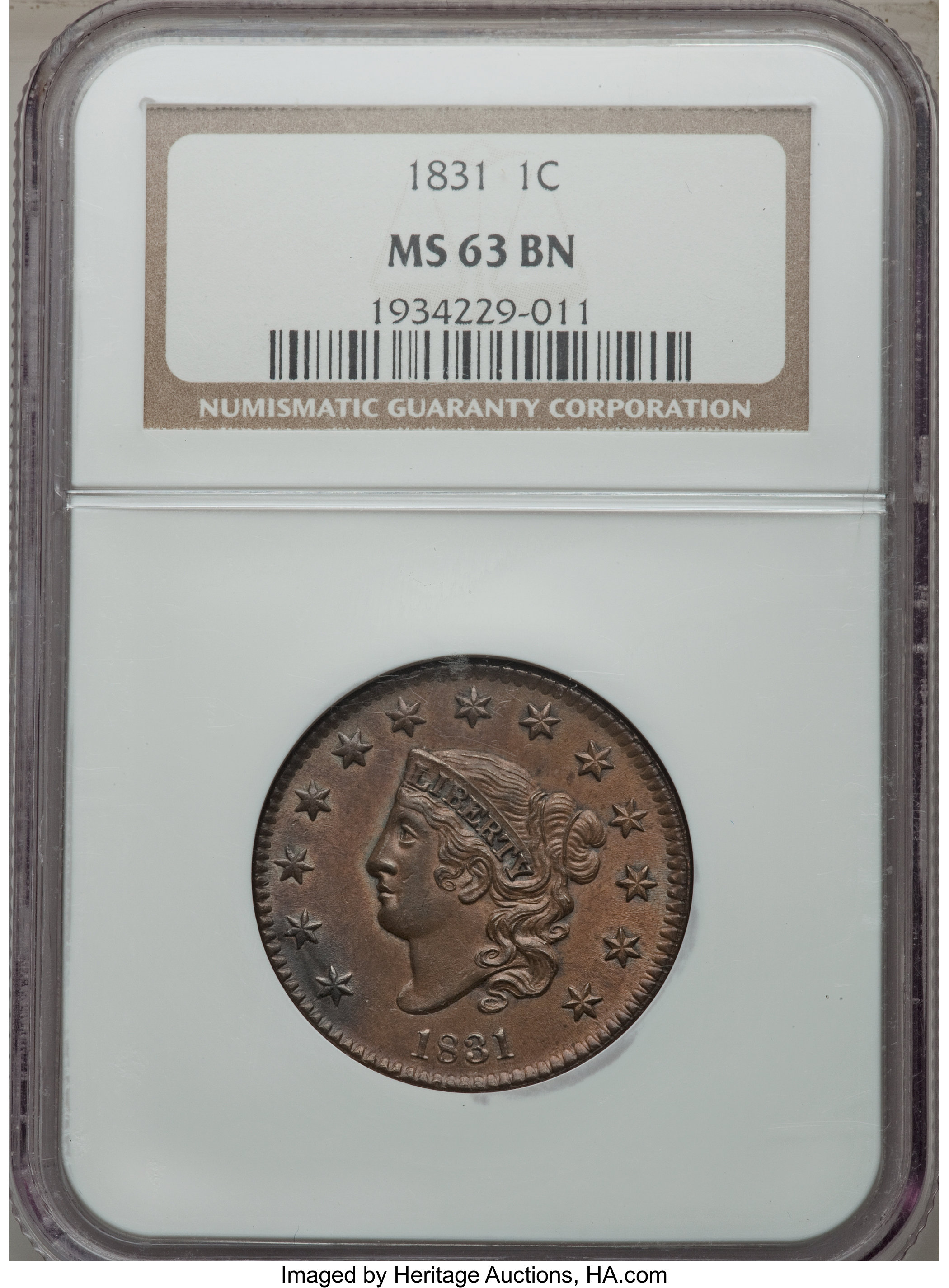 image for: 1831 1C Large Letters, N-7, R.1, MS63 Brown NGC....