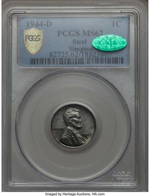 image for: 1944-D 1C Struck on a Zinc-Coated Steel Planchet MS62 PCGS Secure. CAC....