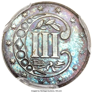 image for: 1865 3C Three Cent Silver, Judd-415, Pollock-487, High R.7, PR64+ Brown PCGS....