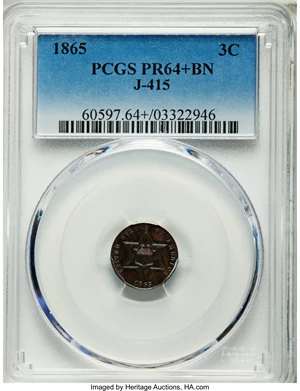 image for: 1865 3C Three Cent Silver, Judd-415, Pollock-487, High R.7, PR64+ Brown PCGS....