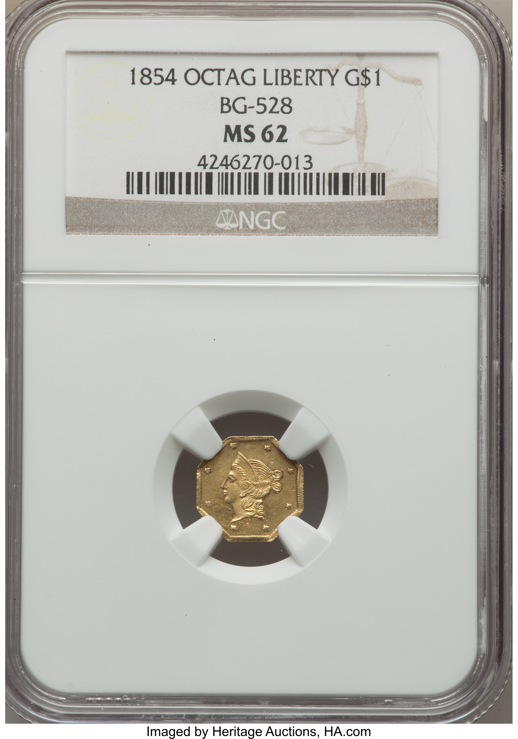 image for: 1854 $1 Liberty Octagonal 1 Dollar, BG-528, R.6, MS62 NGC....