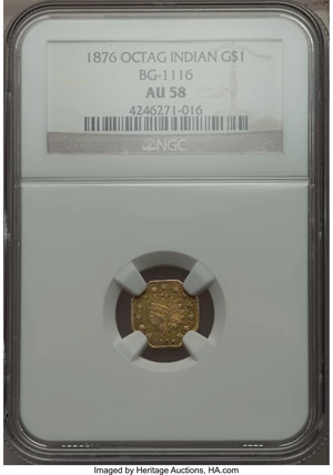 image for: 1876 $1 Indian Octagonal 1 Dollar, BG-1116, High R.6 AU58 NGC. NGC Census: (1/2). PCGS Population (0/9). From The Elbe...
