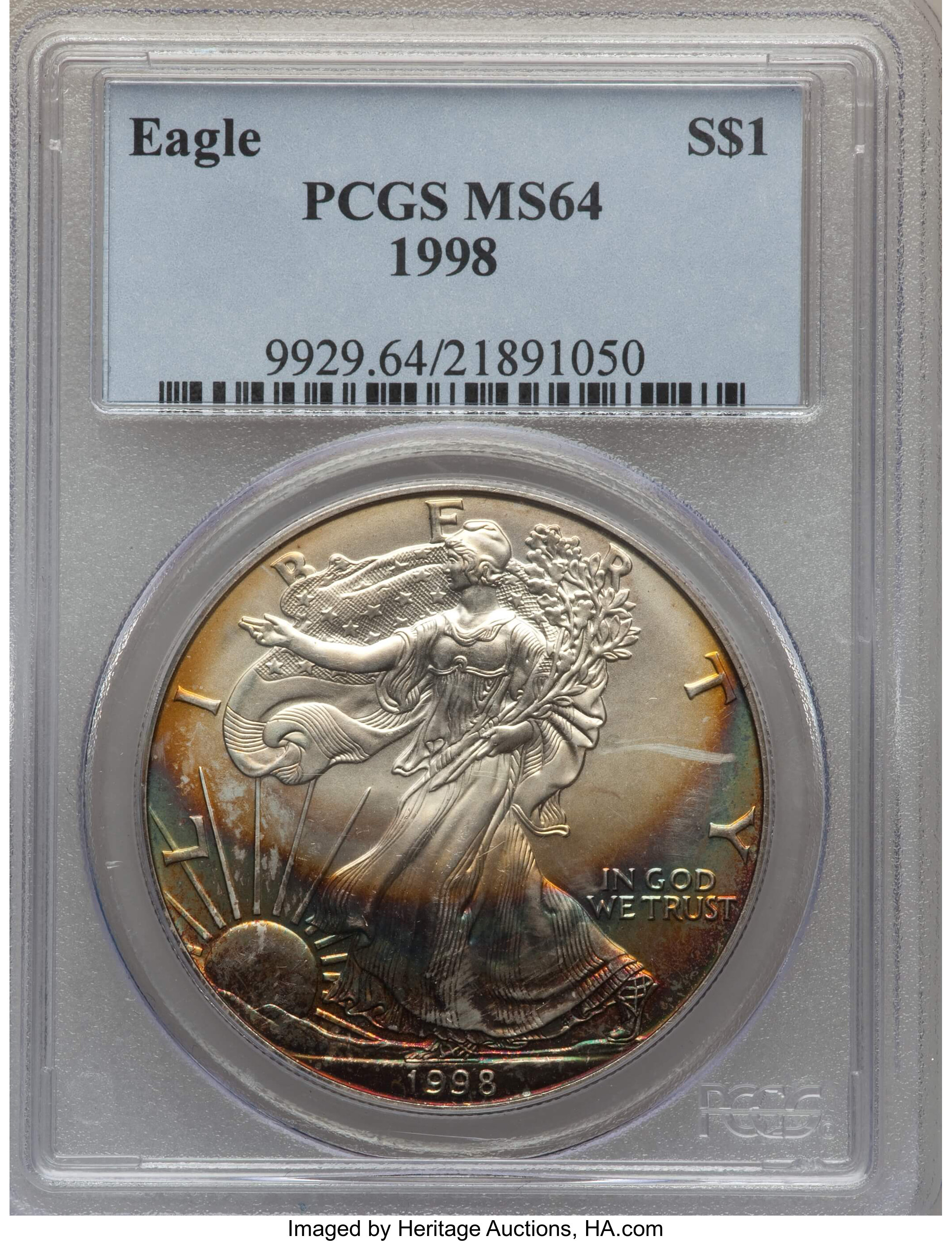 1998 $1 Silver Eagle MS64 PCGS. PCGS Population (33/5300). NGC Census: (14/100250). Numismedia Wsl. Price for problem free...
