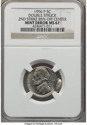 image for: 1996-P 5C Jefferson Nickel -- Double Struck, Second Strike 85% Off Center -- MS61 NGC....