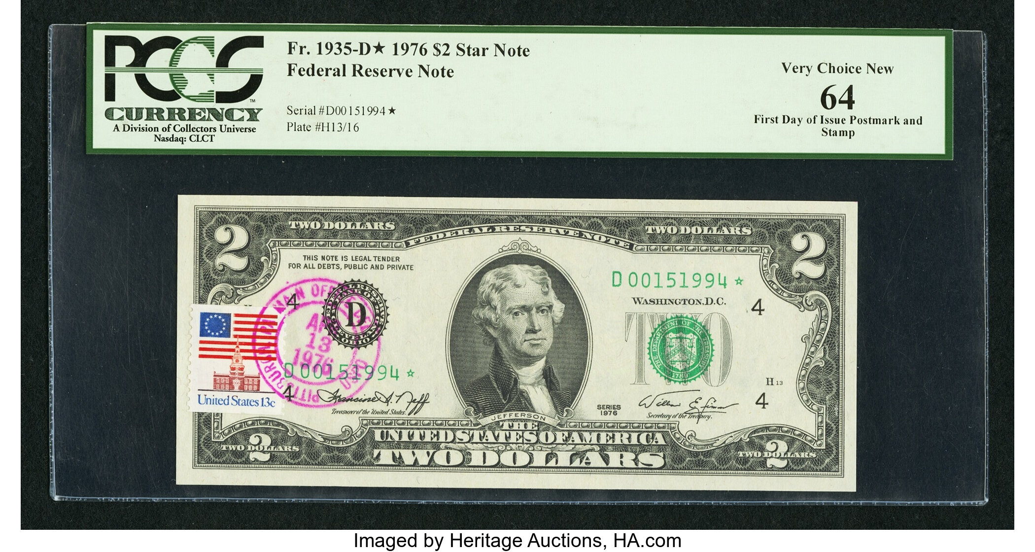 image for: First Day of Issue Fr. 1935-D* $2 1976 Federal Reserve Star Note. PCGS Very Choice New 64....
