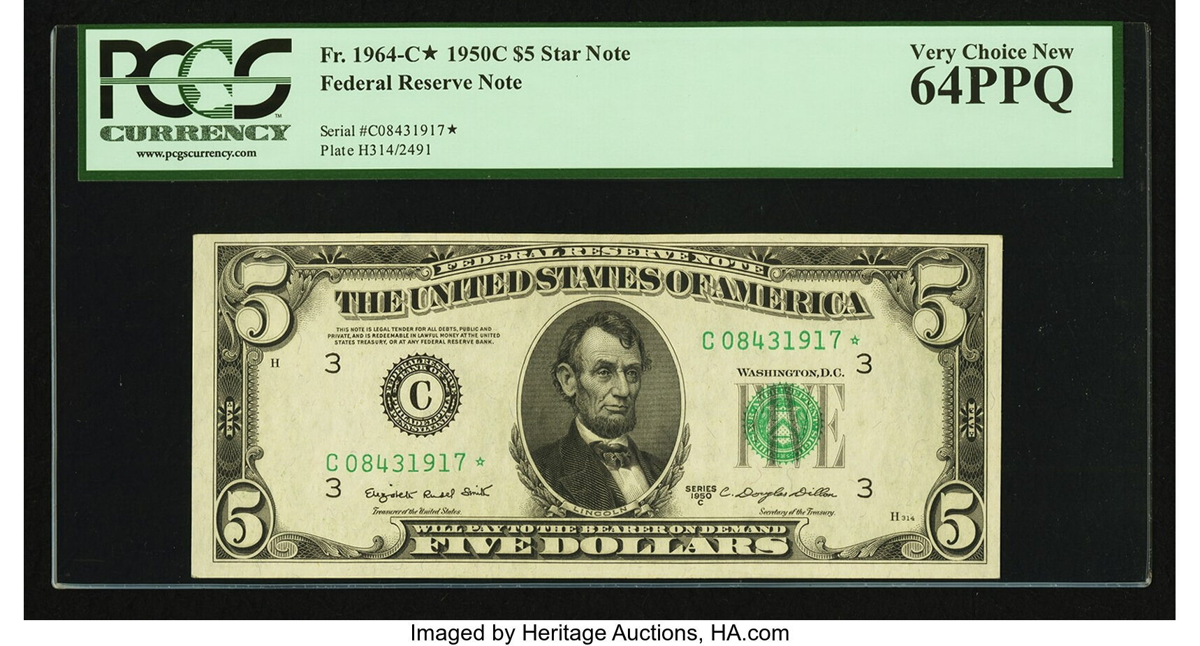 image for: Fr. 1964-C* $5 1950C Federal Reserve Note. PCGS Very Choice New 64PPQ....