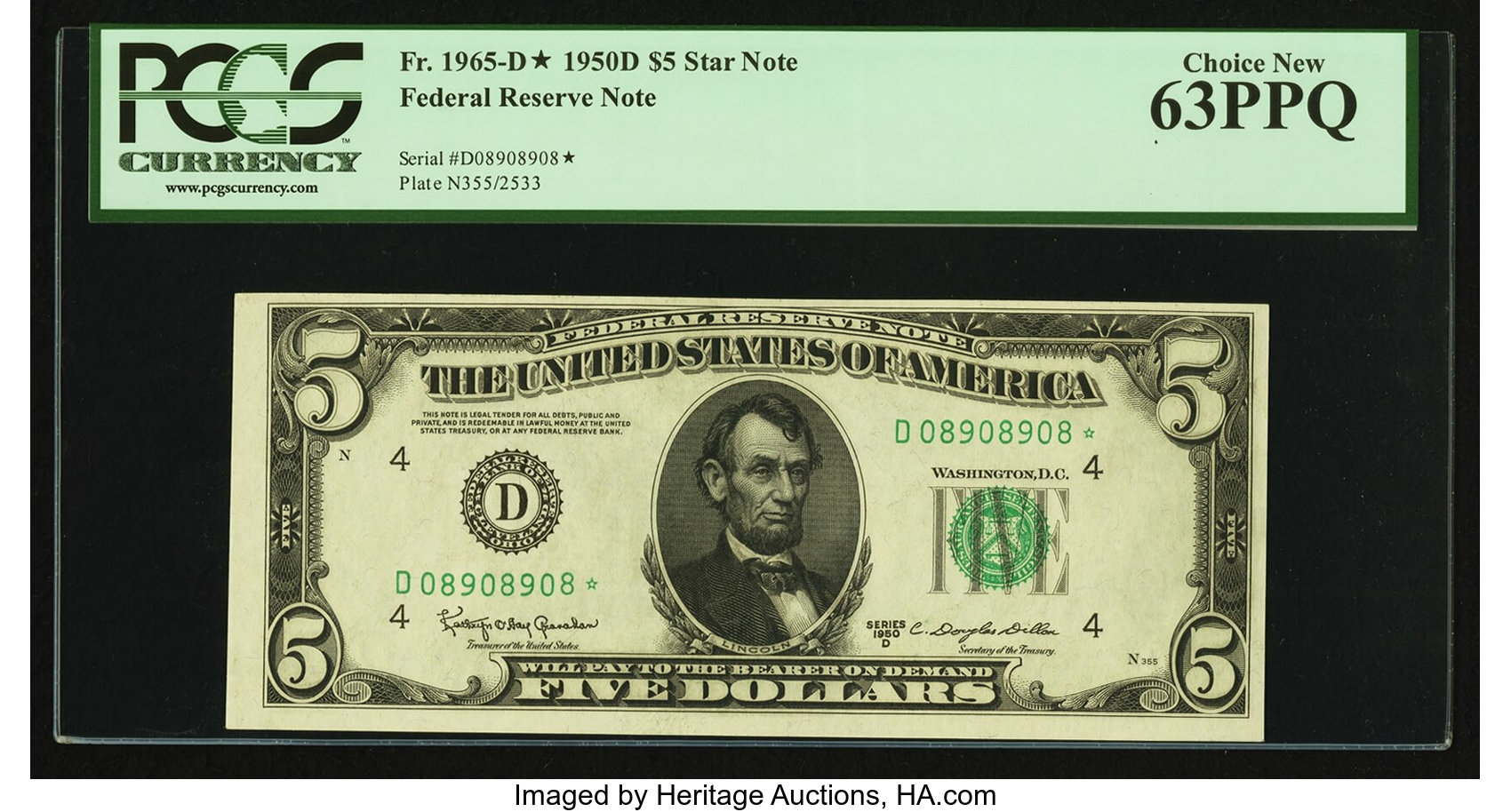 image for: Fr. 1965-D* $5 1950D Federal Reserve Note. PCGS Choice New 63PPQ....
