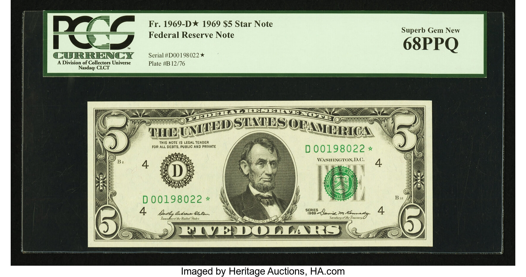 image for: Tied for Top Pop Fr. 1969-D* $5 1969 Federal Reserve Note. PCGS Superb Gem New 68PPQ....