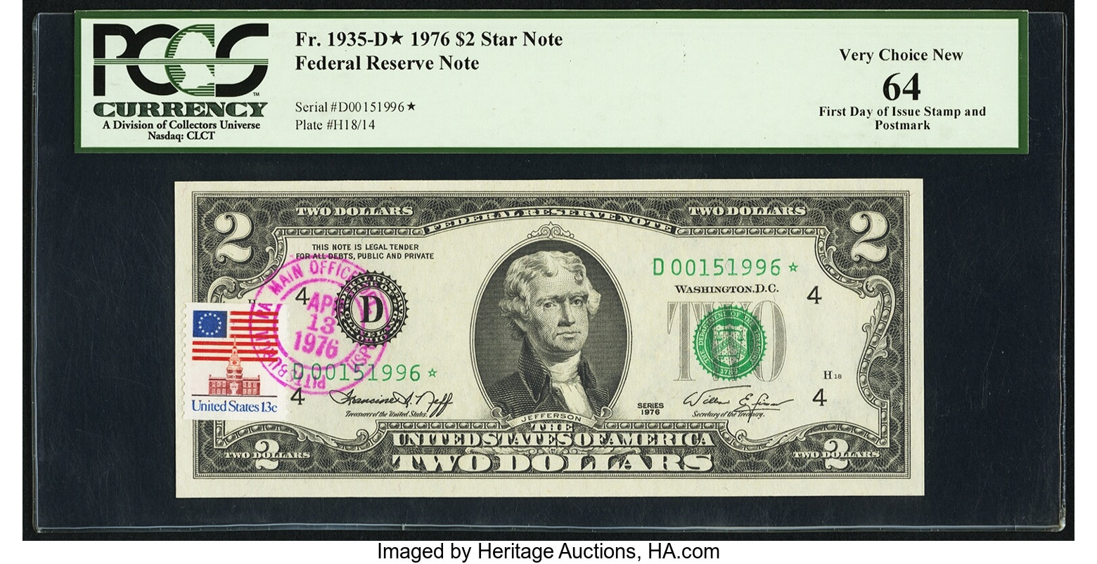image for: First Da of Issue Stamp and Postmark Fr. 1935-D* $2 1976 Federal Reserve Star Note. PCGS Very Choice New 64....