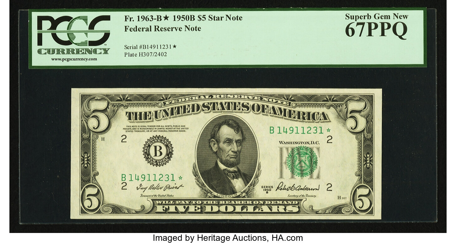 image for: Fr. 1963-B* $5 1950B Federal Reserve Note. PCGS Superb Gem New 67PPQ....