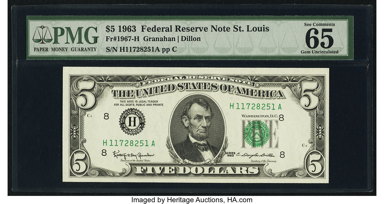 image for: Fr. 1967-H $5 1963 Federal Reserve Note. PMG Gem Uncirculated 65 EPQ....