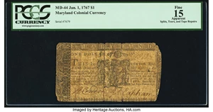 image for: Maryland January 1, 1767 $1 PCGS Apparent Fine 15....