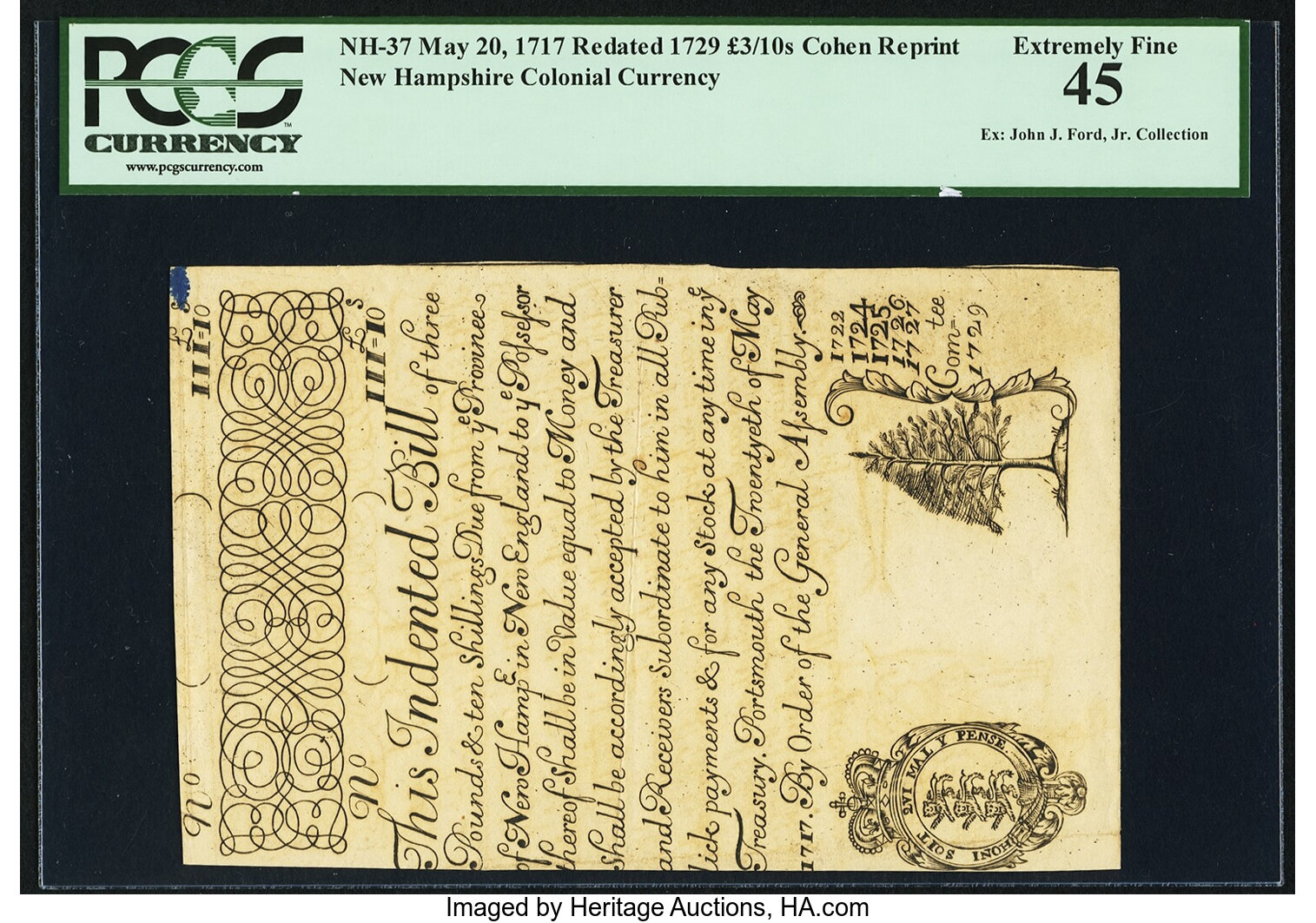 image for: New Hampshire May 20, 1717 Redated 1729 £3 10s Cohen Reprint PCGS Extremely Fine 45....