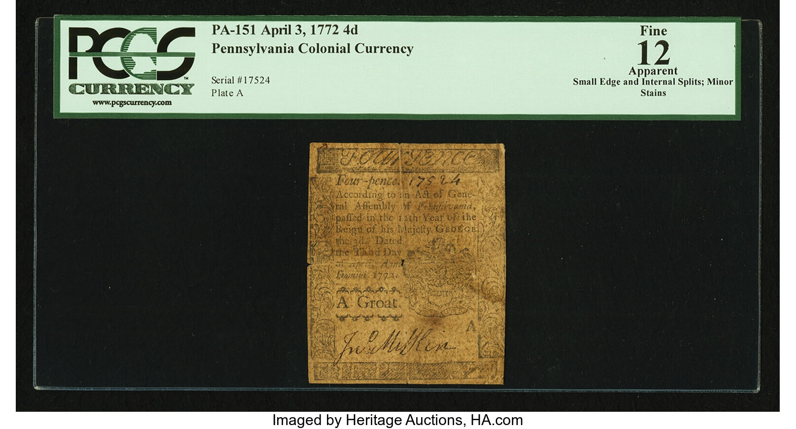 image for: Pennsylvania April 3, 1772 4d PCGS Apparent Fine 12....