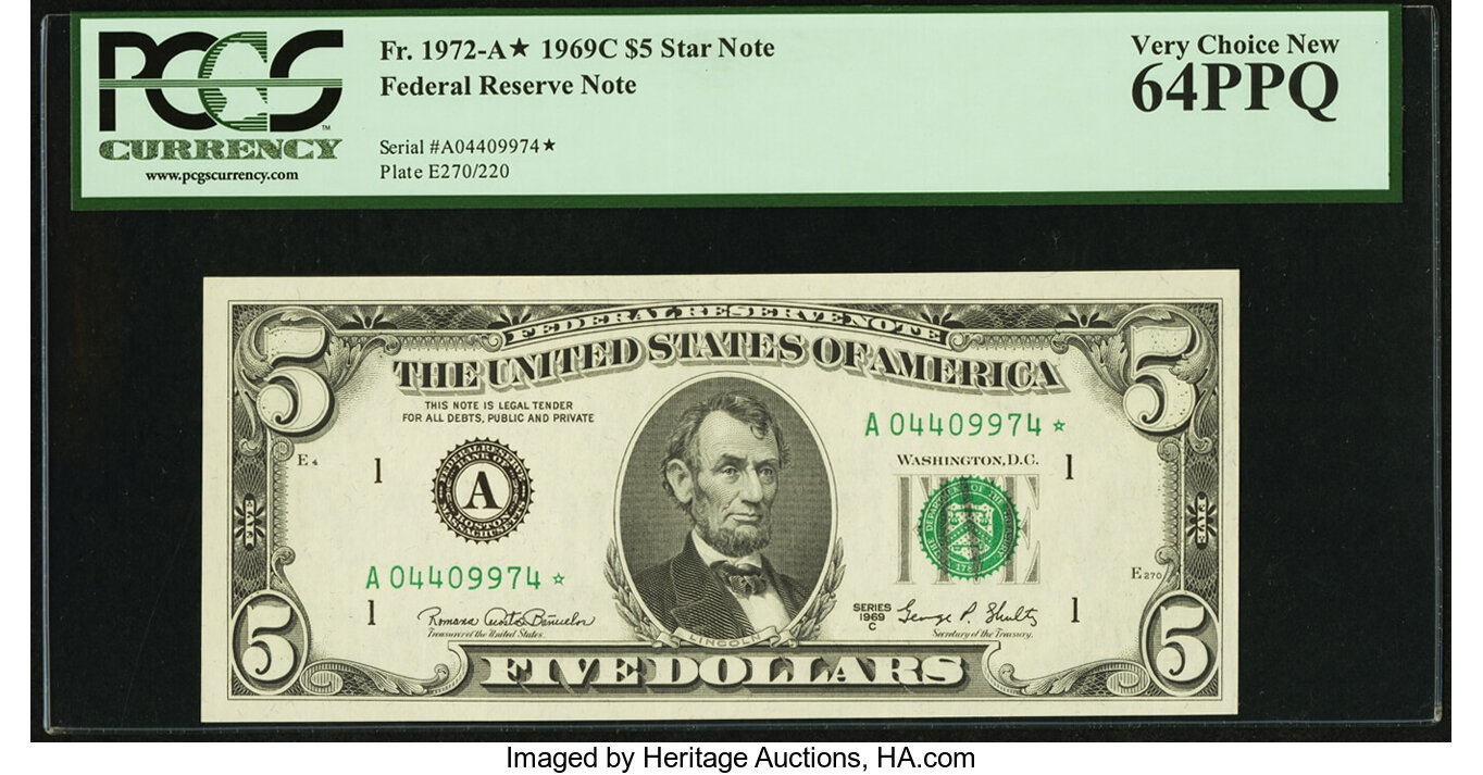 image for: Fr. 1972-A* $5 1969C Federal Reserve Note. PCGS Very Choice New 64PPQ....