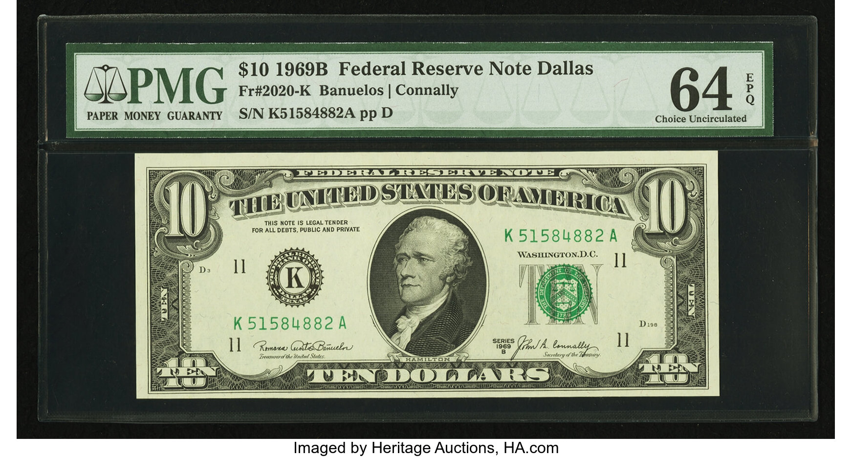 image for: Fr. 2020-K $10 1969B Federal Reserve Note. PMG Choice Uncirculated 64 EPQ....