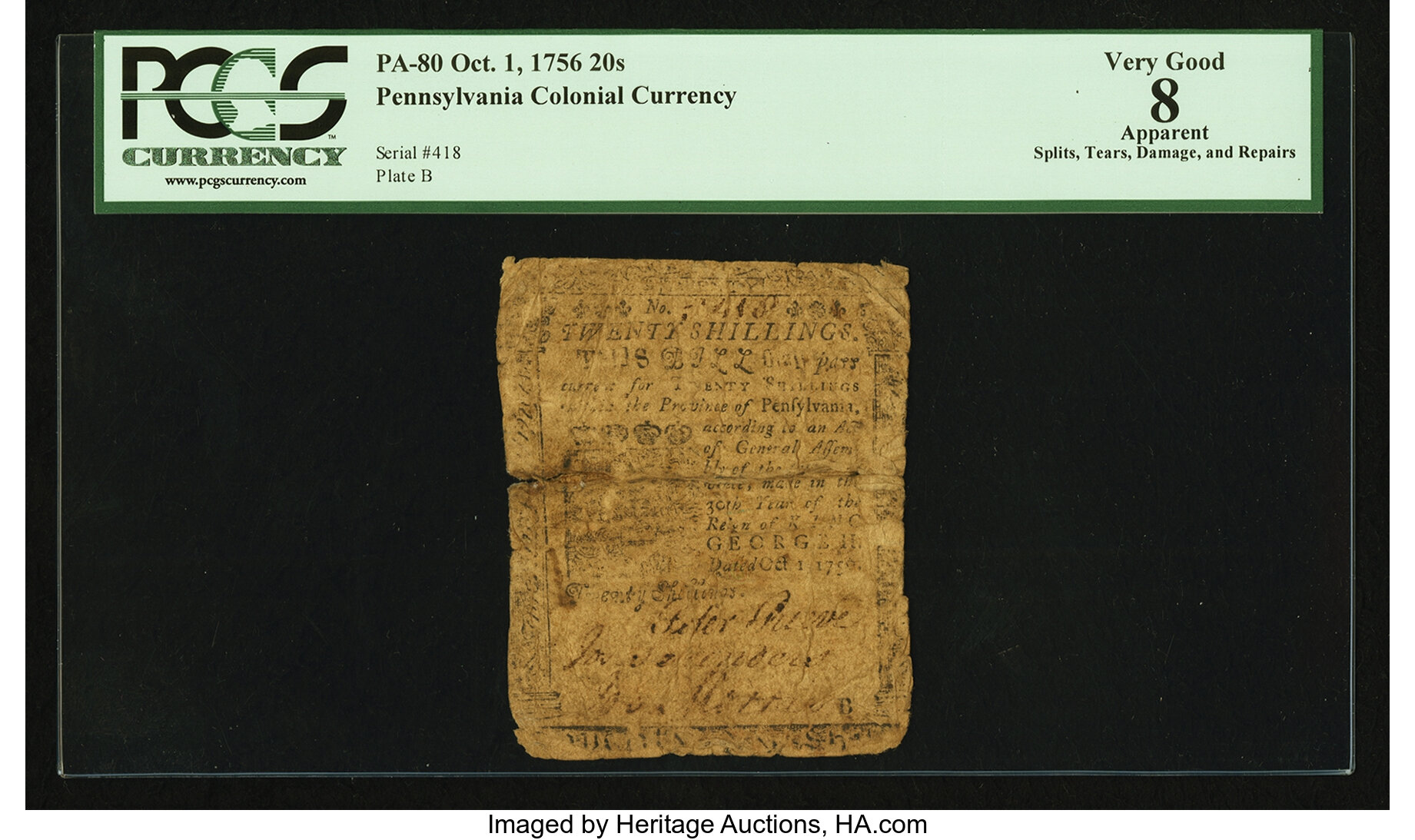 image for: Pennsylvania October 1, 1756 20s PCGS Apparent Very Good 08....