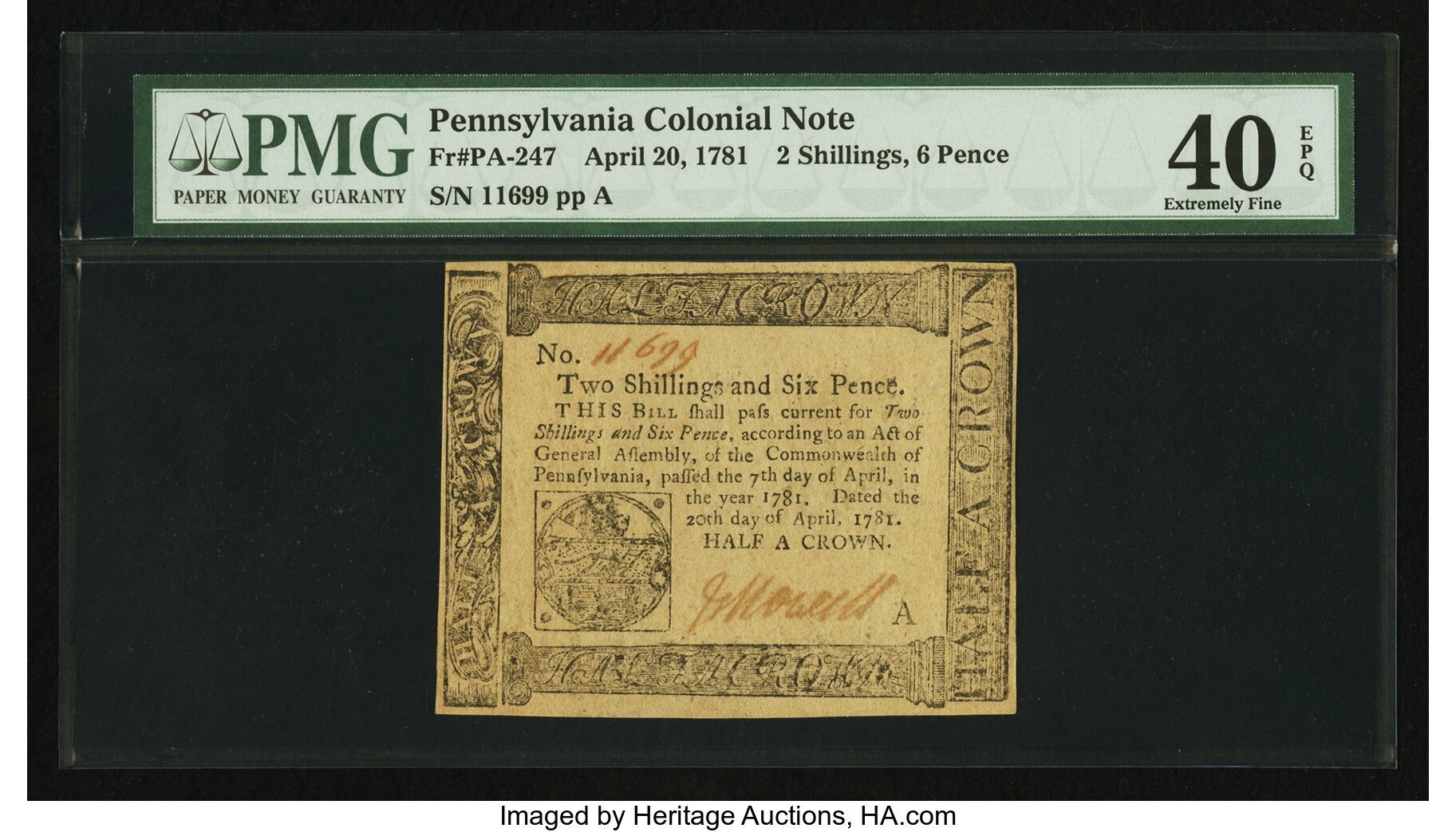 image for: Pennsylvania April 20, 1781 2s 6d PMG Extremely Fine 40 EPQ....