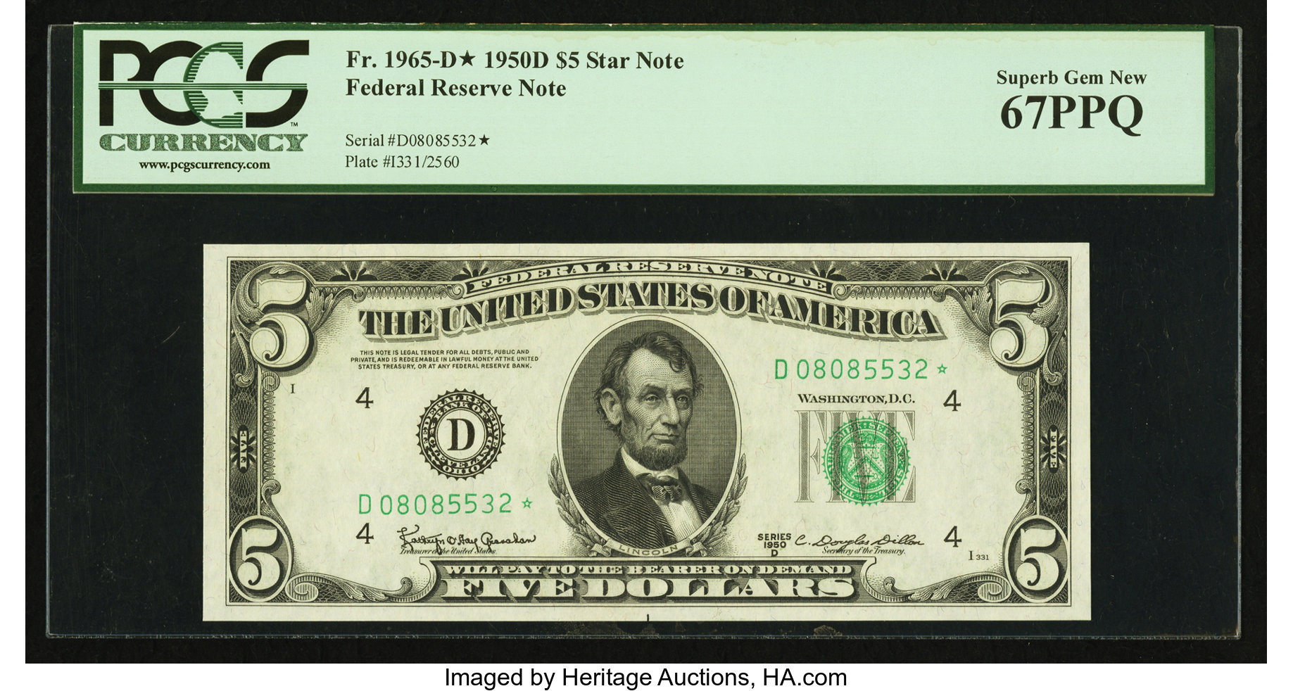 image for: Fr. 1965-D* $5 1950D Federal Reserve Note. PCGS Superb Gem New 67PPQ....