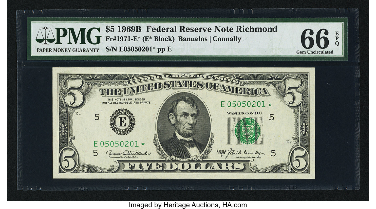 image for: Fr. 1971-E* $5 1969B Federal Reserve Note. PMG Gem Uncirculated 66 EPQ....