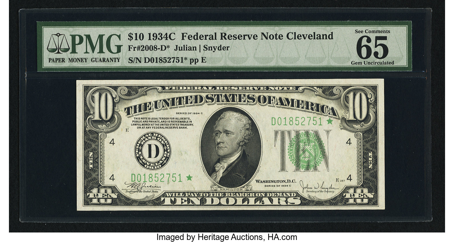 image for: Fr. 2008-D* $10 1934C Wide Federal Reserve Note. PMG Gem Uncirculated 65 EPQ....