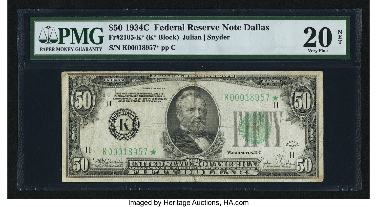 image for: Fr. 2105-K* $50 1934C Mule Federal Reserve Note. PMG Very Fine 20 Net....