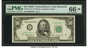 image for: Fr. 2111-E* $50 1950D Federal Reserve Note. PMG Gem Uncirculated 66 EPQ....