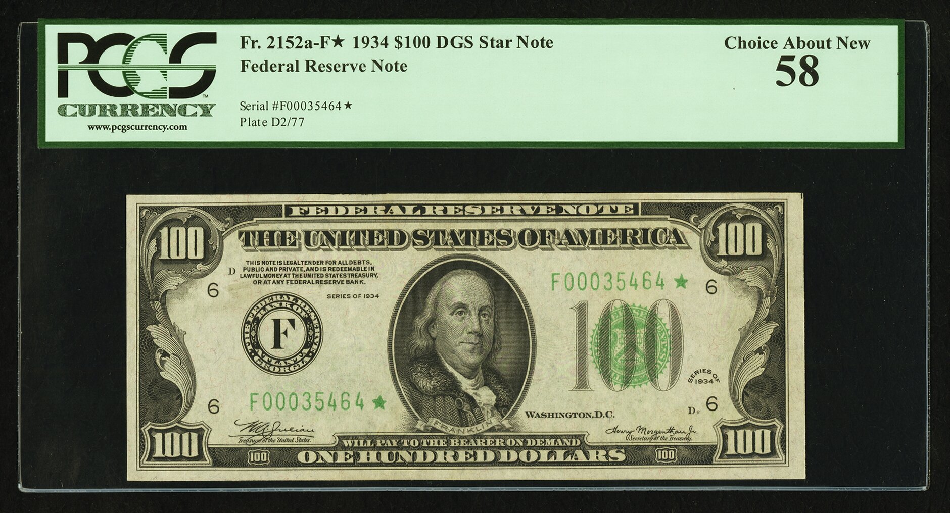 image for: Fr. 2152-F* $100 1934 Federal Reserve Note. PCGS Choice About New 58....