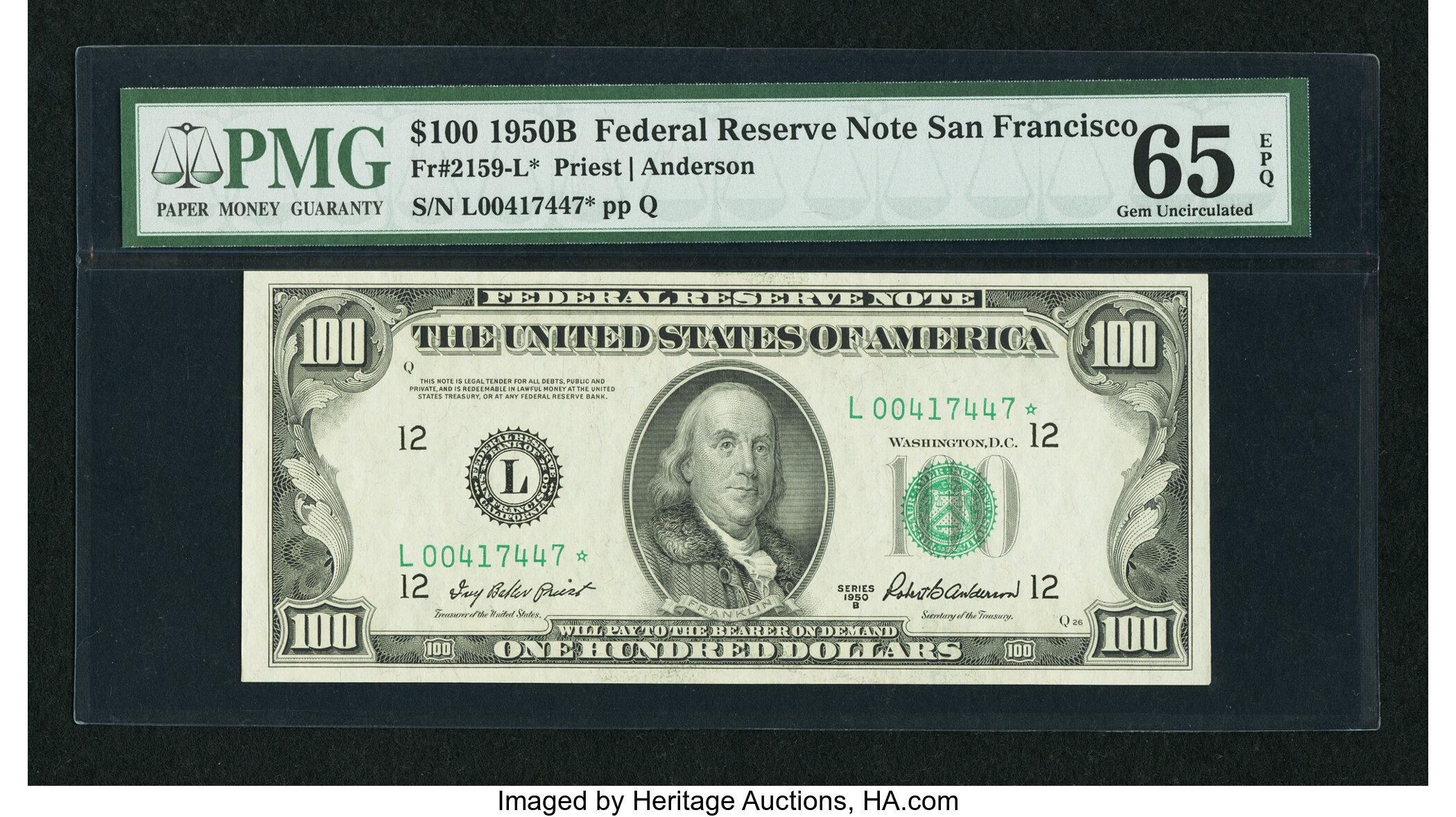 image for: Fr. 2159-L* $100 1950B Federal Reserve Note. PMG Gem Uncirculated 65 EPQ....