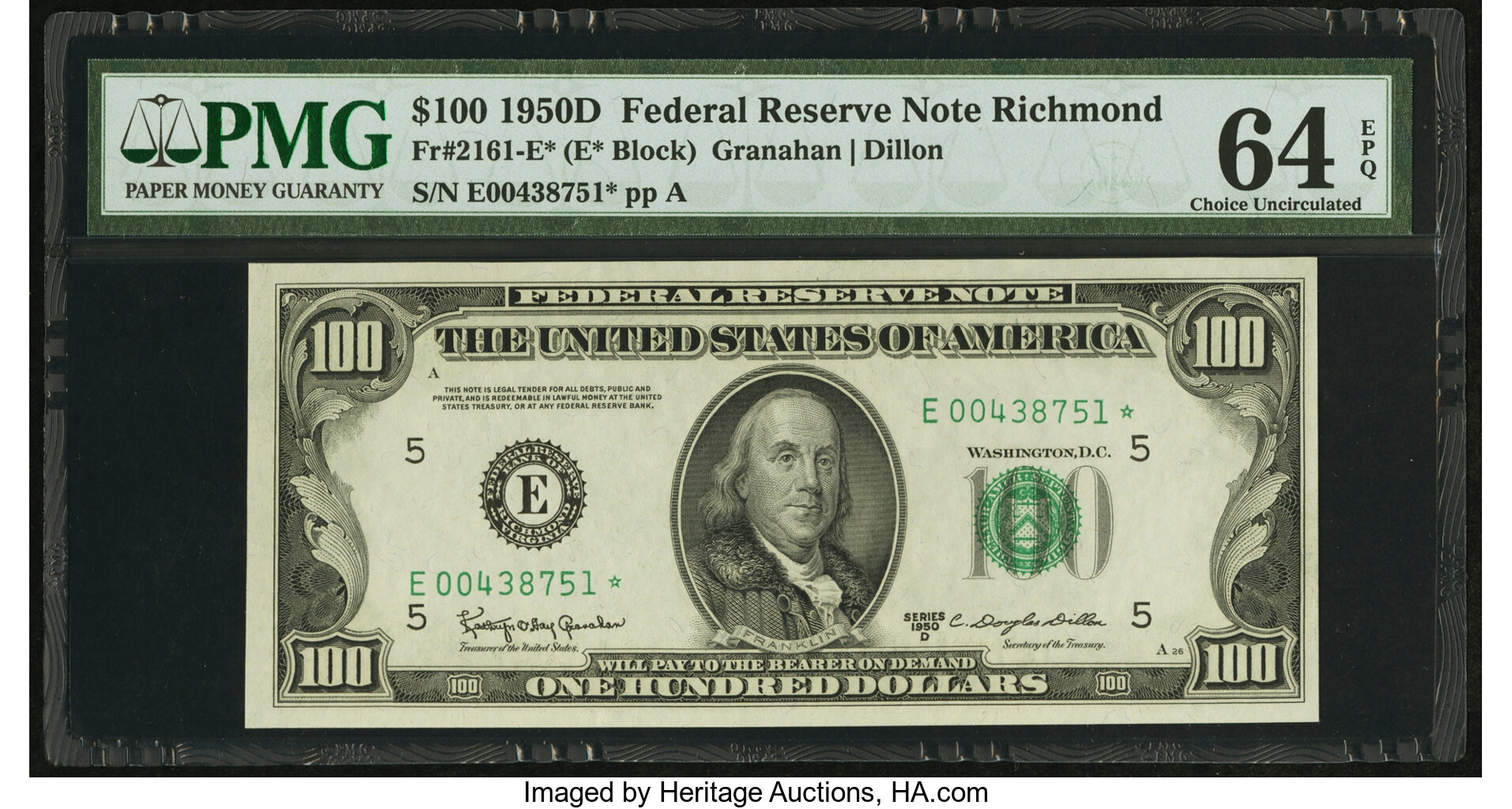 image for: Fr. 2161-E* $100 1950D Federal Reserve Note. PMG Choice Uncirculated 64 EPQ....
