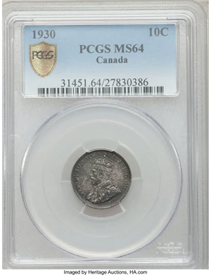 image for: George V 10 Cents 1930 MS64 PCGS