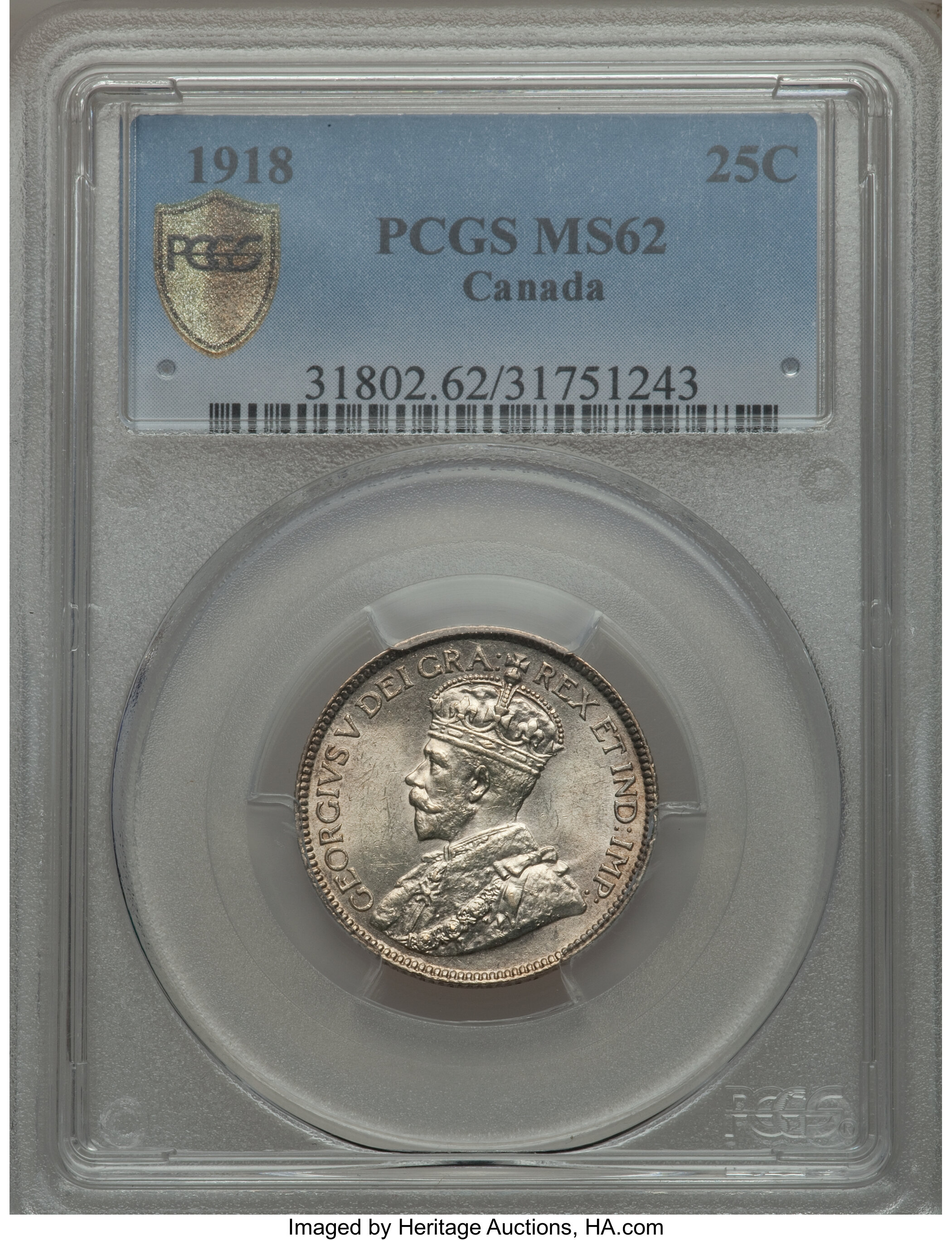 image for: George V 25 Cents 1918 MS62 PCGS