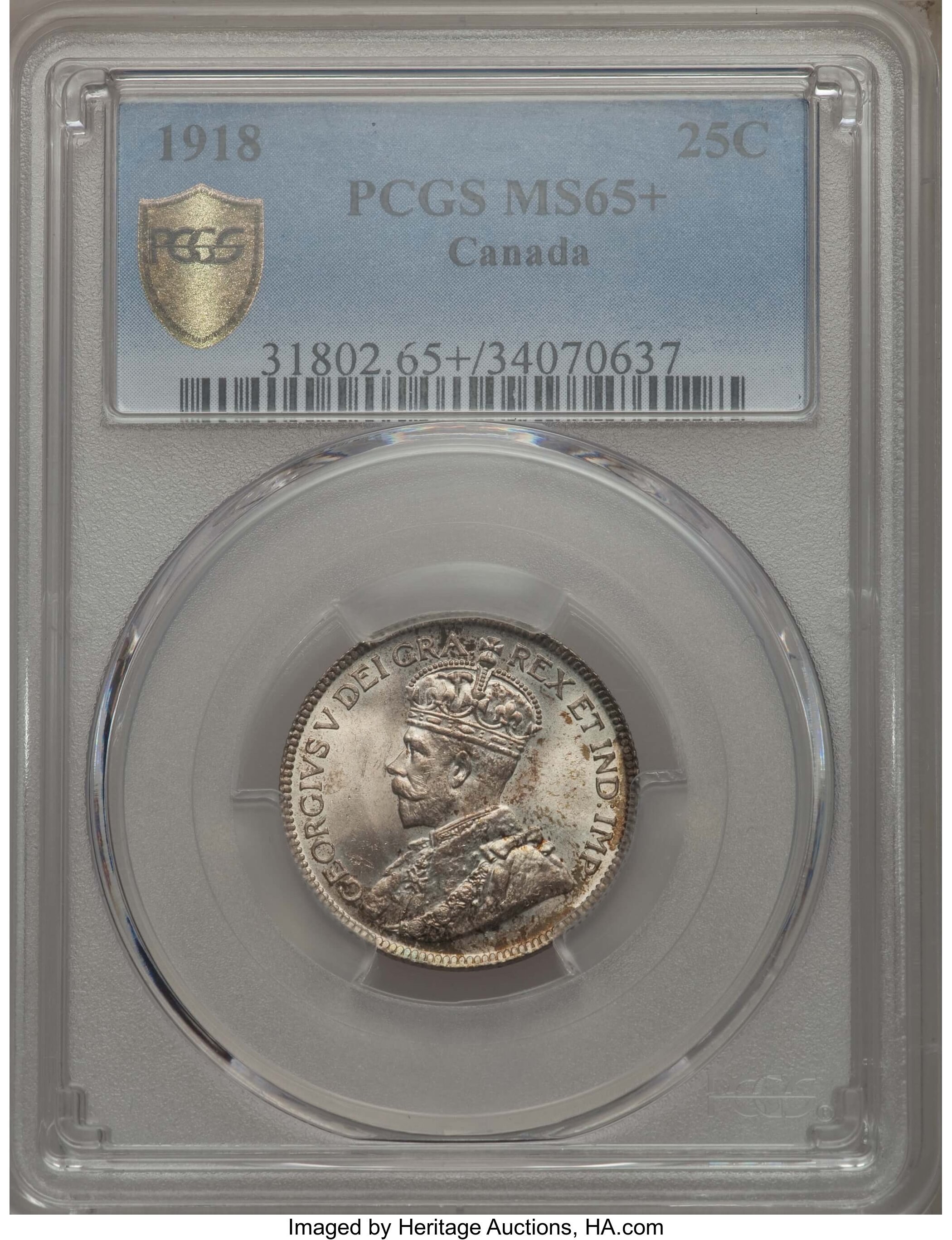 image for: George V 25 Cents 1918 MS65+ PCGS