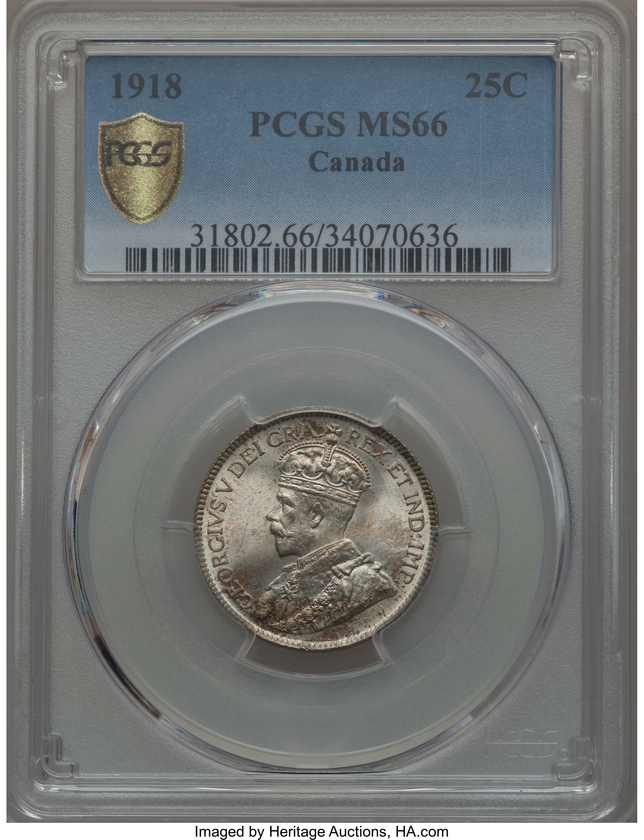 image for: George V 25 Cents 1918 MS66 PCGS