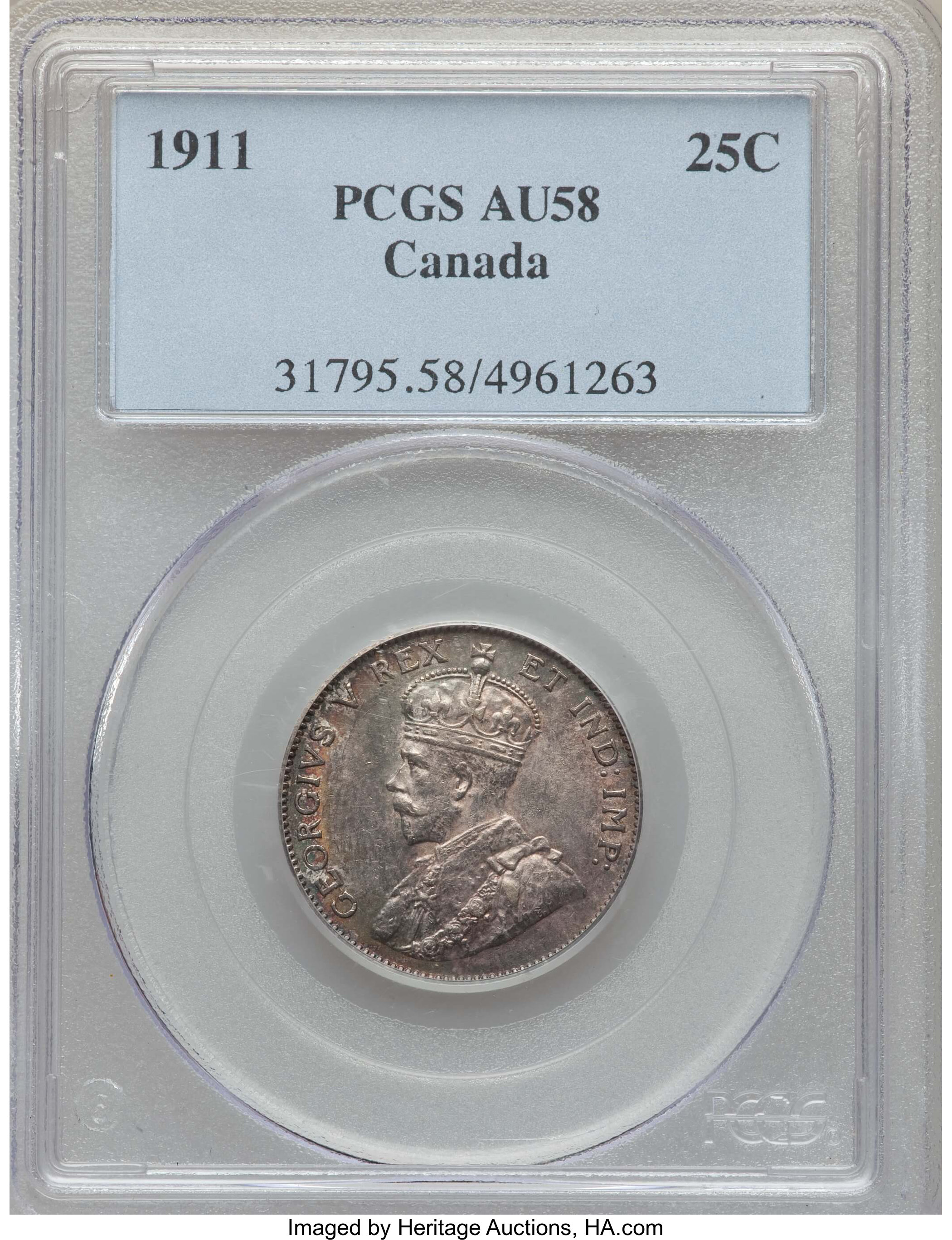 image for: George V 25 Cents 1911 AU58 PCGS