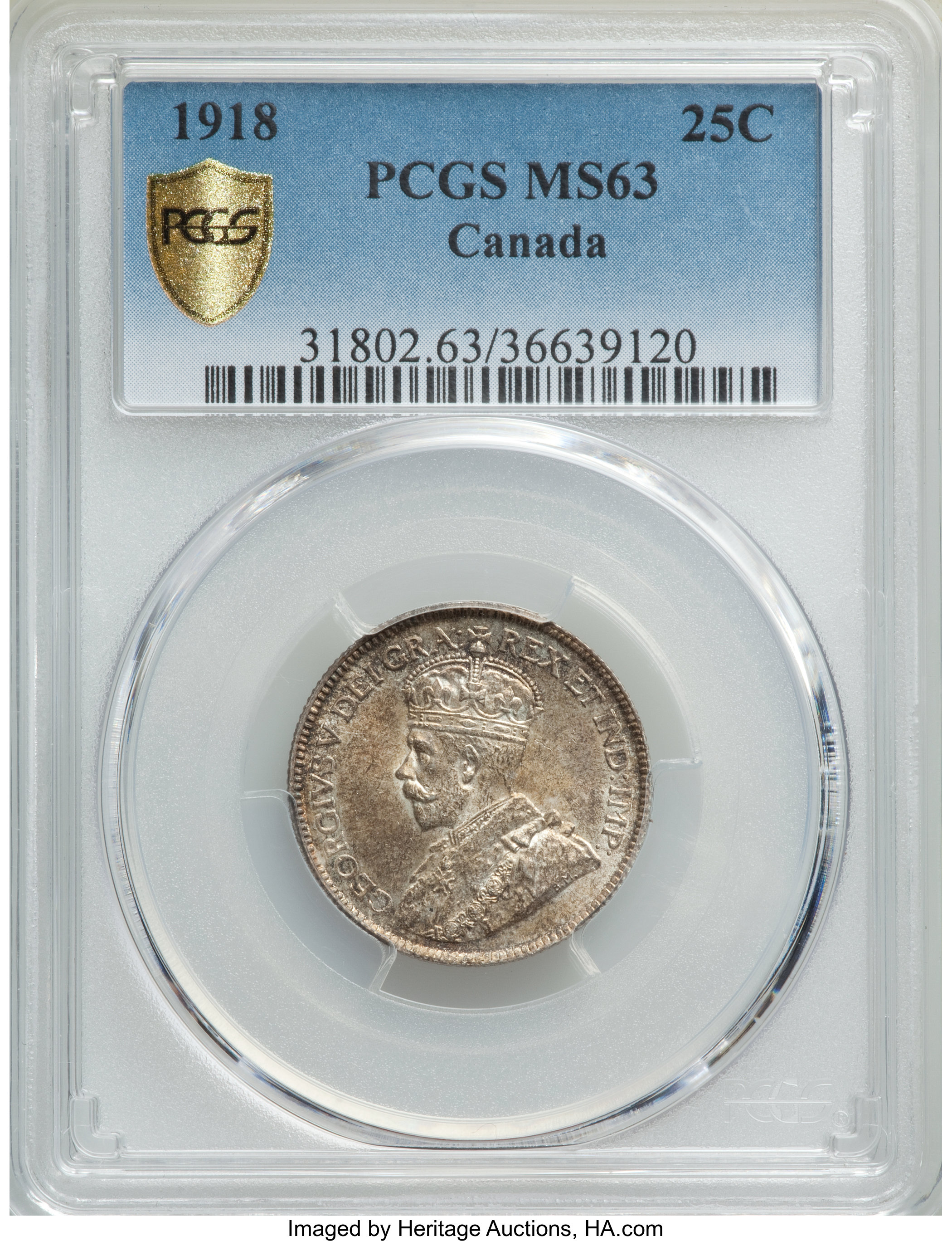 image for: George V 25 Cents 1918 MS63 PCGS