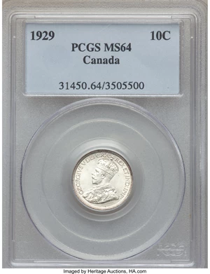 image for: George V 10 Cents 1929 MS64 PCGS