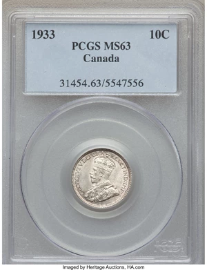image for: George V 10 Cents 1933 MS63 PCGS