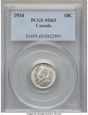 image for: George V 10 Cents 1934 MS63 PCGS