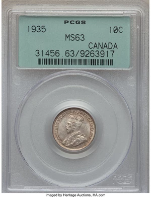 image for: George V 10 Cents 1935 MS63 PCGS