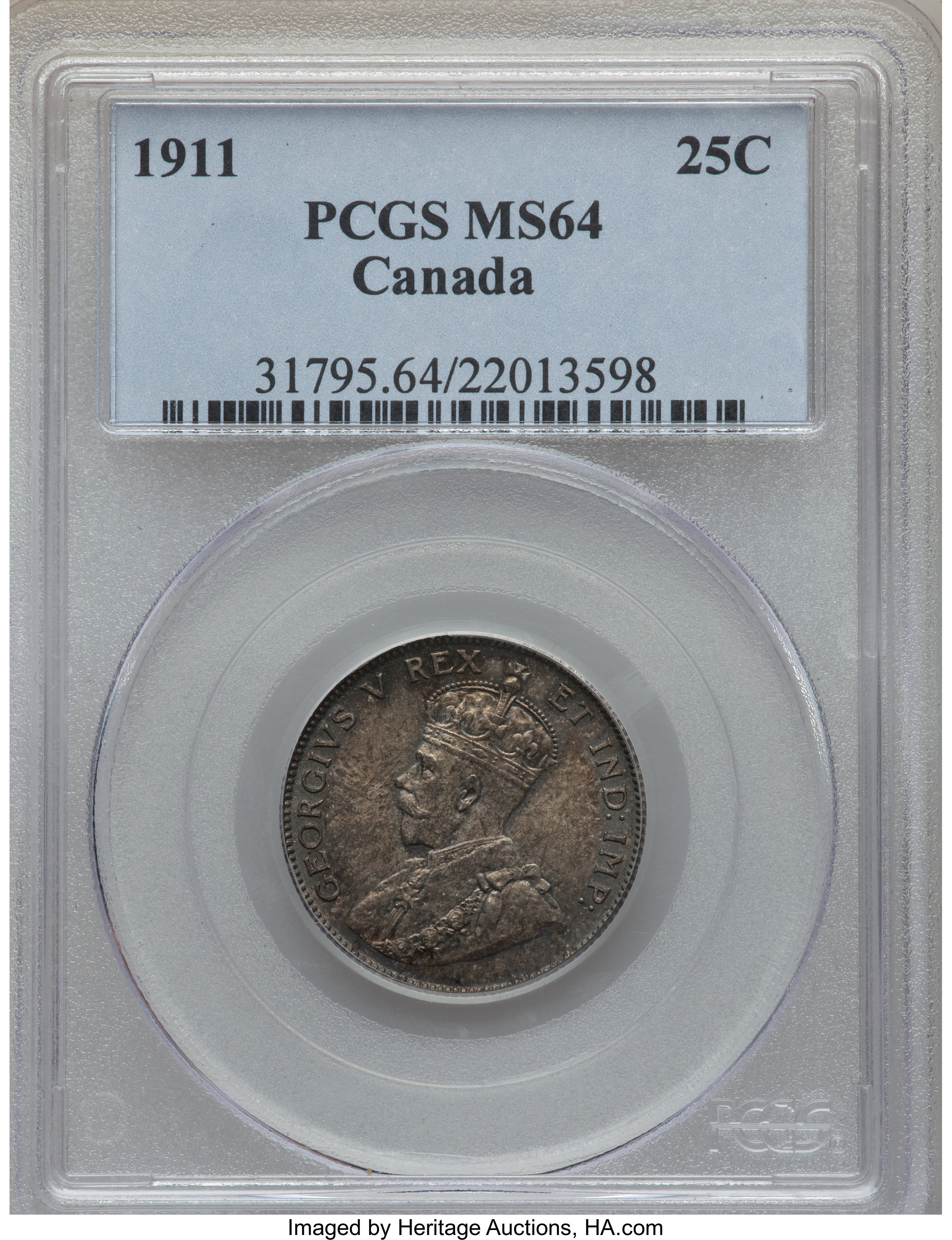 image for: George V 25 Cents 1911 MS64 PCGS