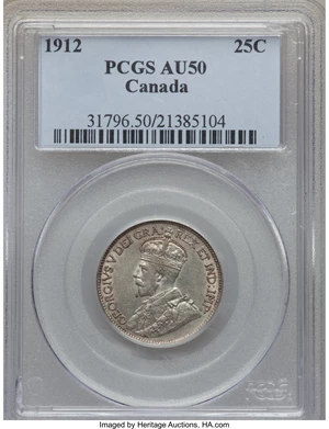 image for: George V 25 Cents 1912 AU50 PCGS