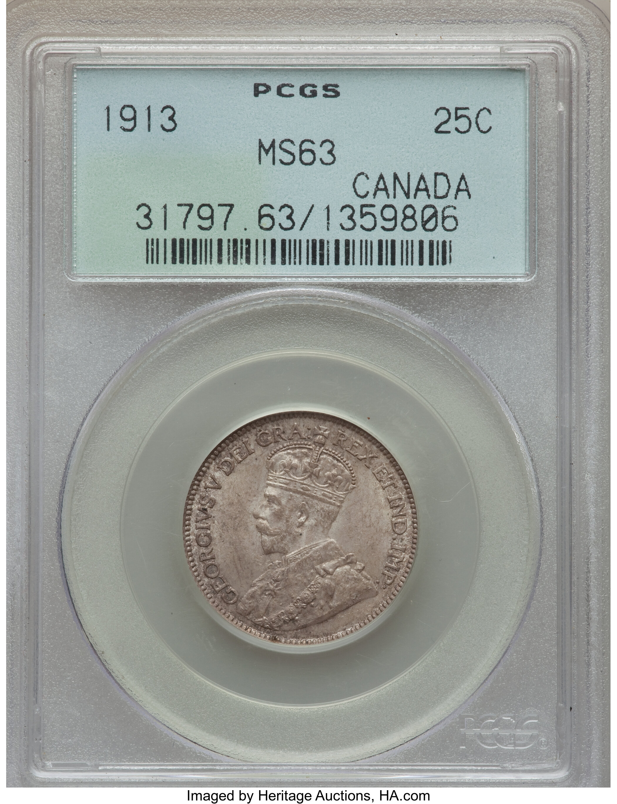 image for: George V 25 Cents 1913 MS63 PCGS