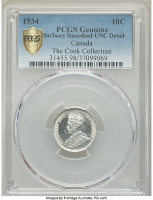 image for: George V 10 Cents 1934 UNC Detail (Surfaces Smoothed) PCGS