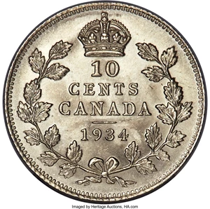 image for: George V 10 Cents 1934 UNC Detail (Surfaces Smoothed) PCGS
