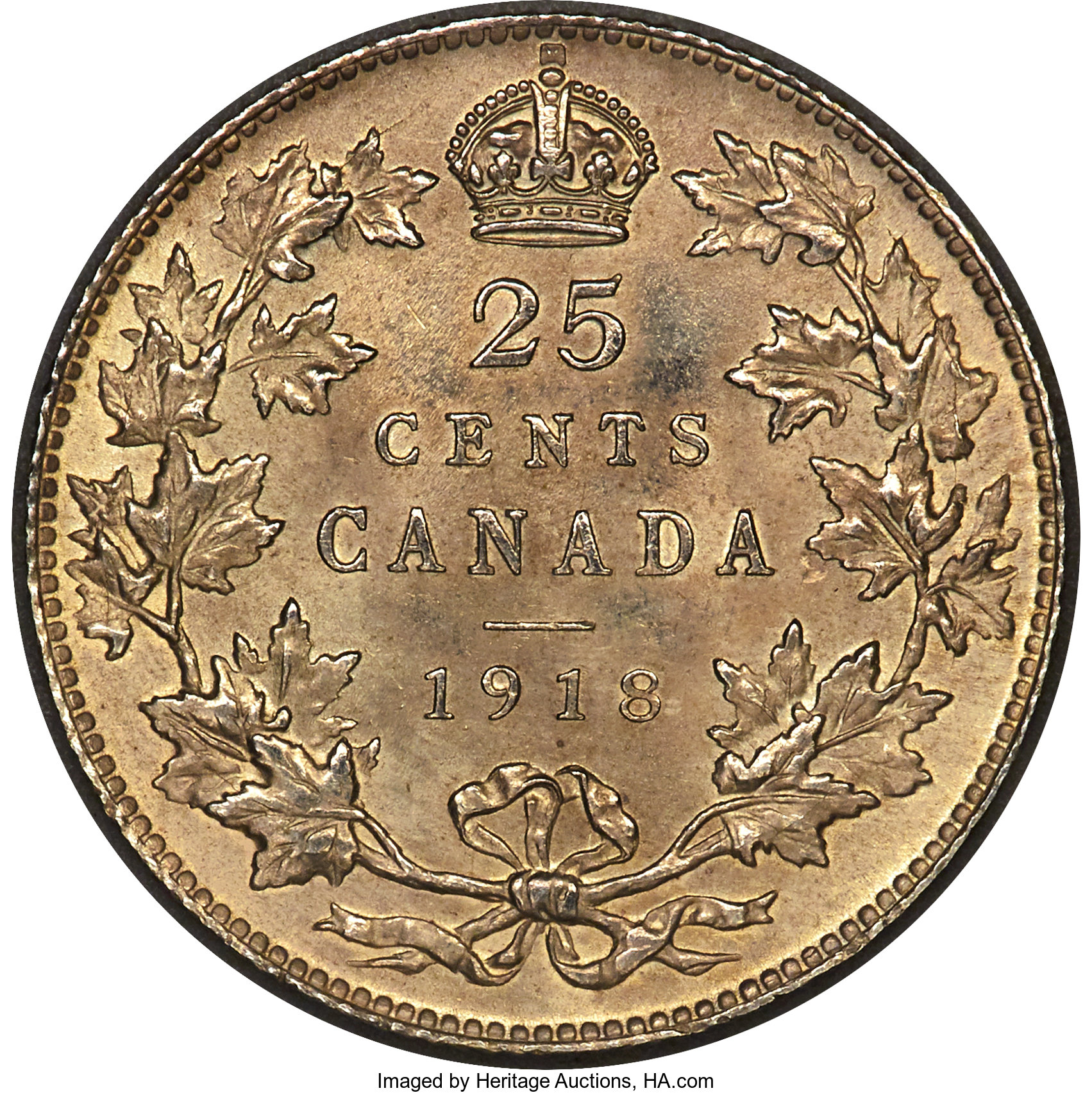 image for: George V 25 Cents 1918 UNC Details (Cleaned) PCGS