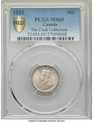 image for: George V 10 Cents 1933 MS65 PCGS