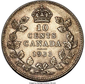 image for: George V 10 Cents 1933 MS65 PCGS