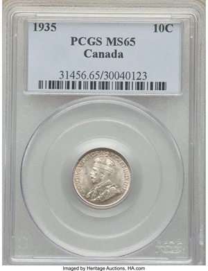 image for: George V 10 Cents 1935 MS65 PCGS